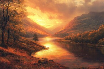 A stunning sunset over a mountain valley with a river in the foreground, painting, art, artwork.