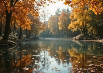 Obraz premium Soft view of autumn landscape, dry trees, golden sky, tree reflected in lake, seasons change, sunny day, autumnal park, fall nature. 