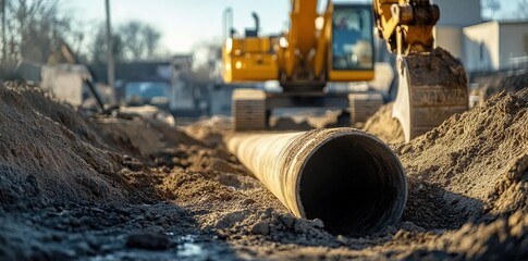 Fototapeta premium Close-up of a pipe being buried in the ground, with an excavator in the background.