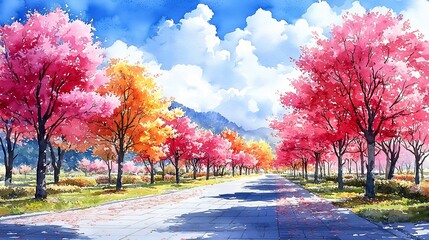 Vibrant Autumn Trees Lining Scenic Country Road Under Cloudscape