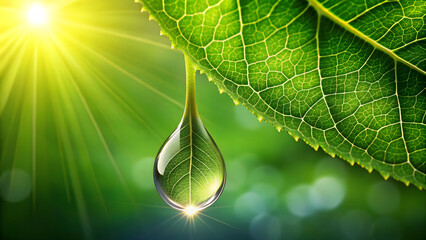 Fototapeta premium single leaf with glowing droplet at its tip, illuminated by sunlight, creates serene and refreshing atmosphere. vibrant green color enhances natural beauty of scene