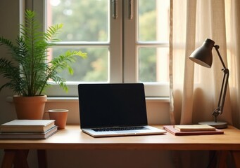 Fototapeta premium Cozy workspace with laptop and plants near sunny window.