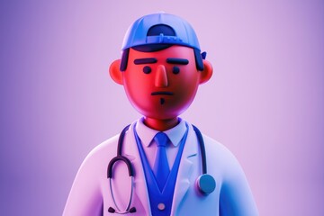 A 3D cartoon doctor  wearing a blue cap and white coat  looks serious