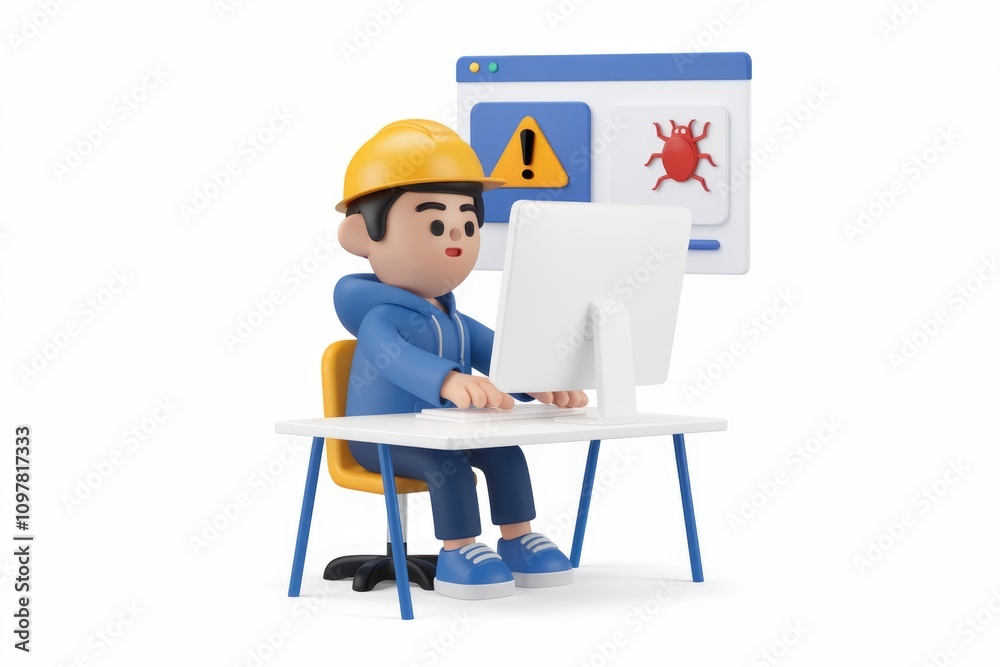 Aufkleber cartoon character in hard hat works at computer with virus alert.