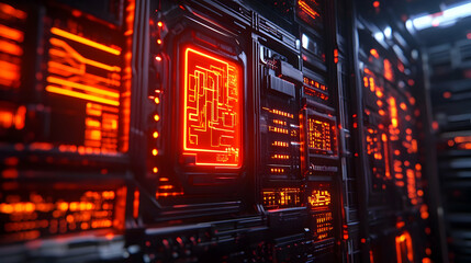 A futuristic red-glowing circuit panel embedded in a digital environment, emphasizing high-tech innovation and energy.
