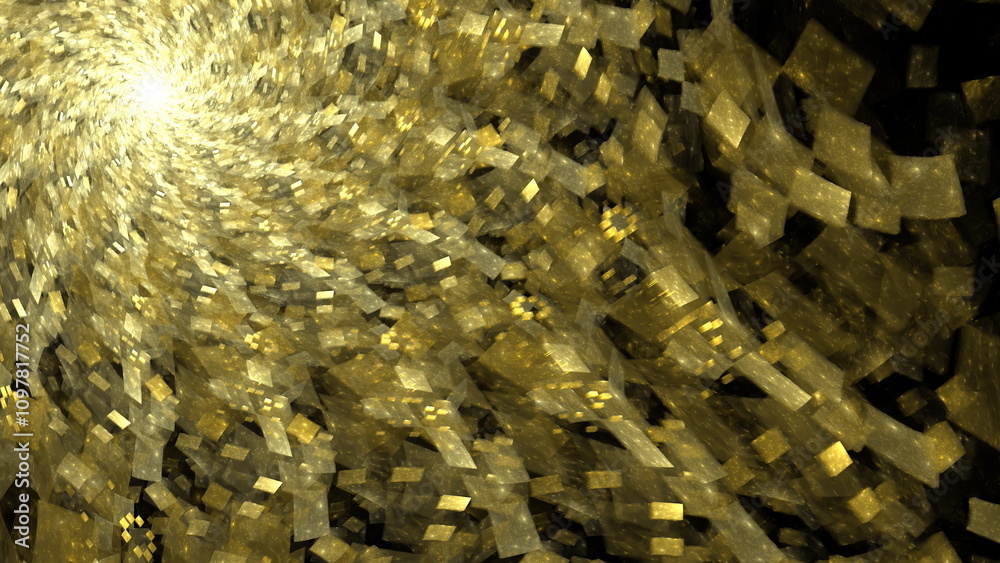 Poster luminous vortex of light swirls with dynamic golden shards, creating an enchanting effect. 3d render