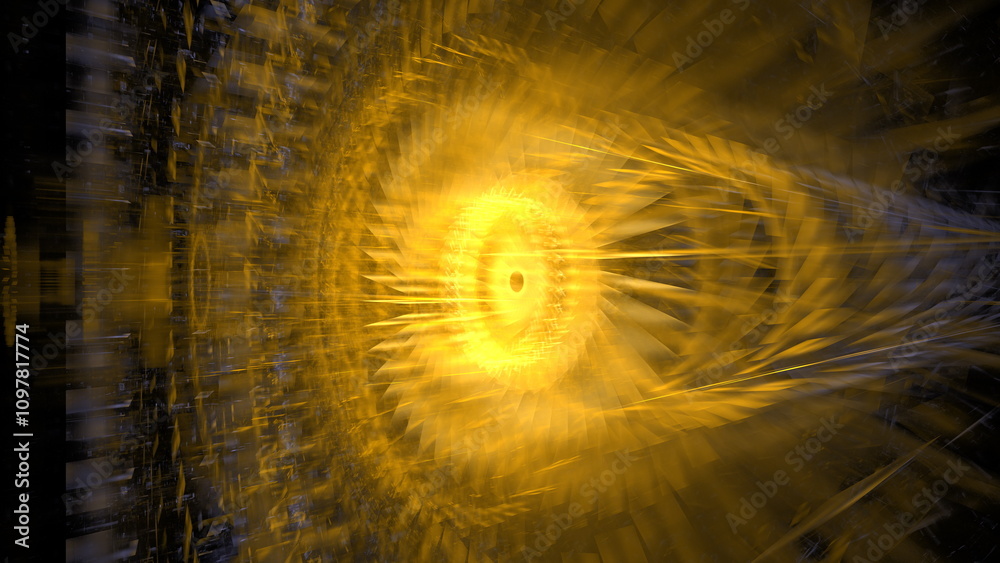 Poster dynamic visual composition showcases swirling golden patterns radiating from a central point. Intricate lines create a sense of depth and movement against a contrasting dark backdrop. 3d render