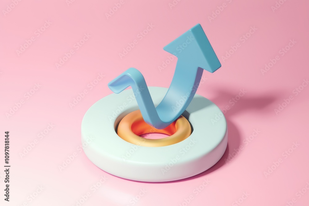 Poster a 3d rendered image of an upward trending blue arrow resting on pastel colored concentric circles