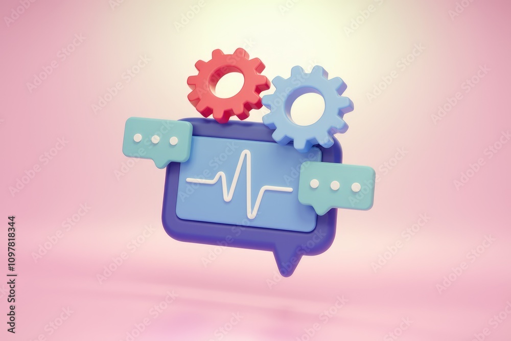 Poster 3d render of a chat bubble with a heartbeat and gears representing healthcare technology