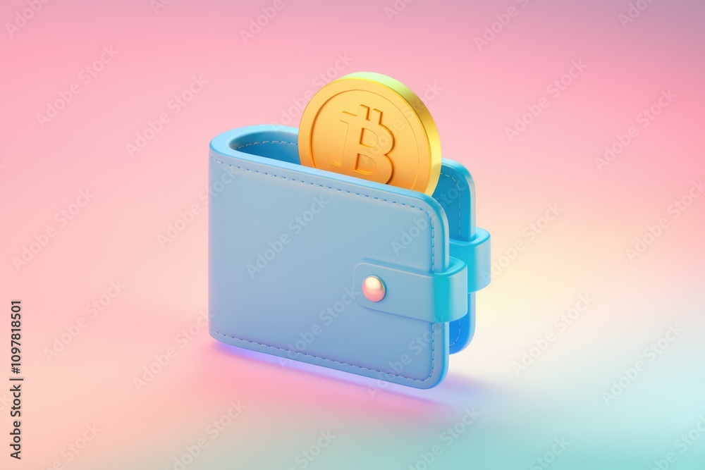 Poster a 3d render of a light blue wallet with a golden bitcoin on top