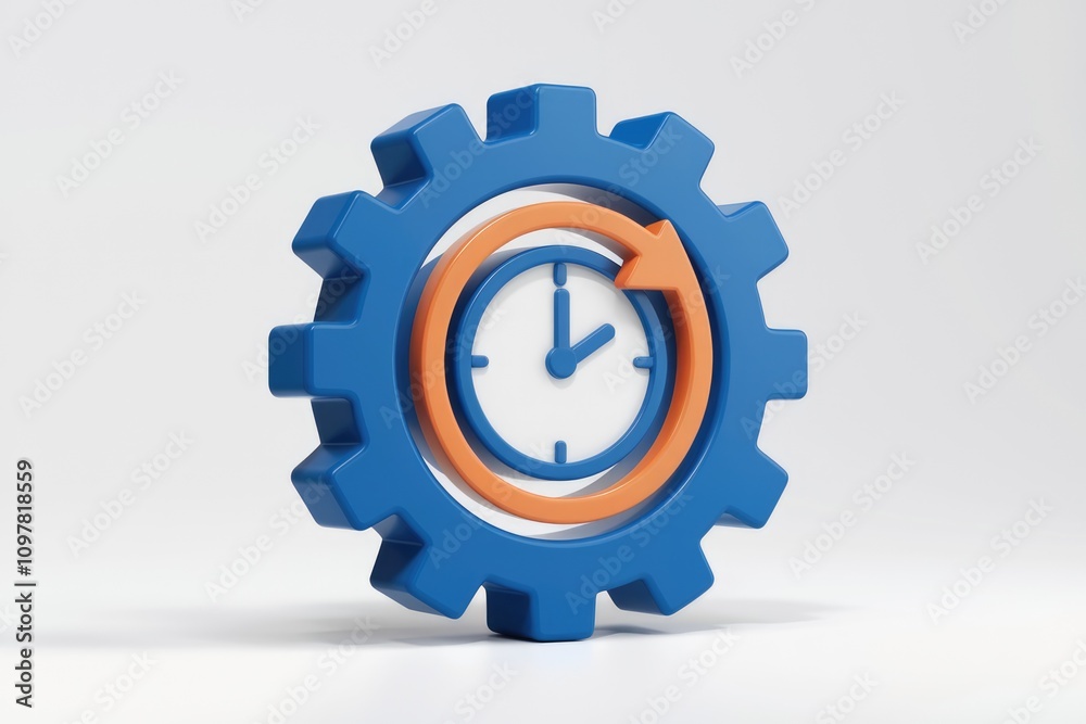 Aufkleber 3D render of a gear with a clock and arrow  symbolizing time management and process optimization