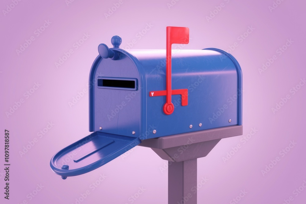 Poster A 3D render of a blue mailbox with a red flag  signifying mail delivery
