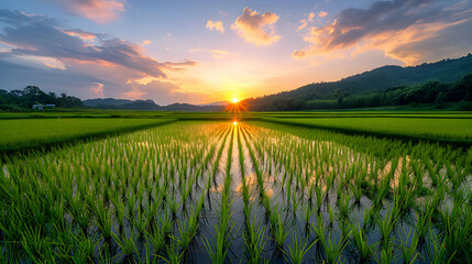 Tranquil Sunset Over Lush Green Rice Field in Serene Landscape