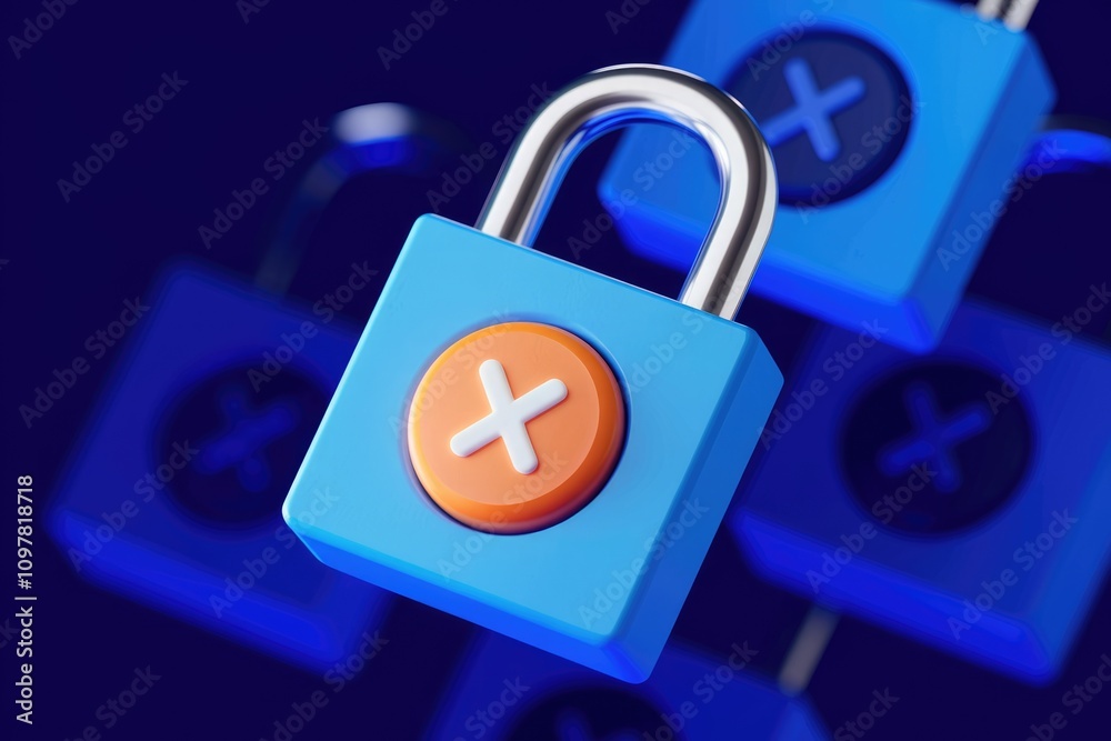 Aufkleber 3d render of blue padlocks with orange x buttons illustrating digital security or access denial