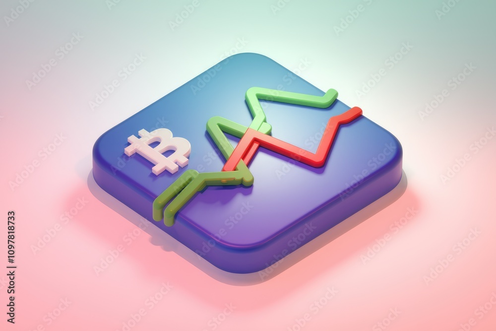 Aufkleber 3D rendering of Bitcoin price volatility shown with green and red lines on a blue square