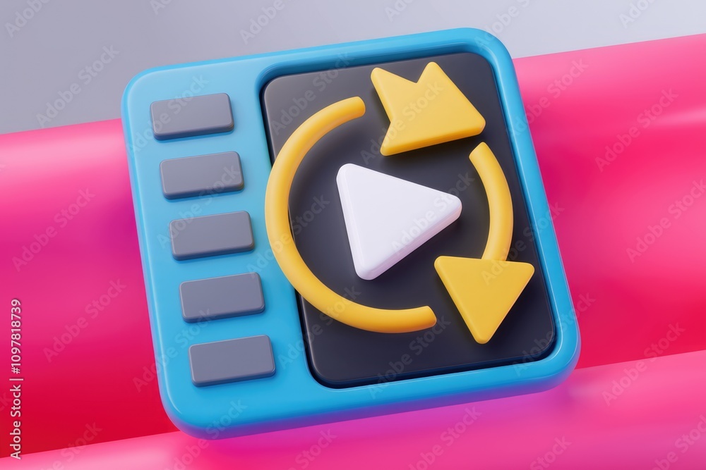 Poster 3D render of a cartoonish media player with looping playback animation