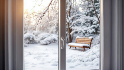 View through a window of a snowy winter garden with trees, a bench, and icicles hanging.

