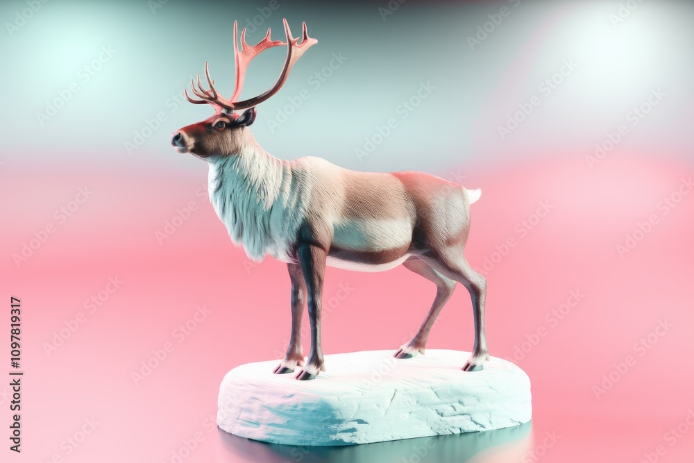 Aufkleber a 3d render of a caribou standing on an ice platform against a pink and teal background