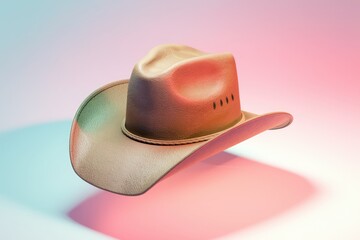 A tan cowboy hat with a textured surface  shown against a pastel background