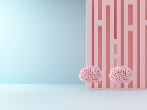 Abstract Floating Brains Navigating a Minimalist Pink Maze Concept. Pastel colors. Copy space.