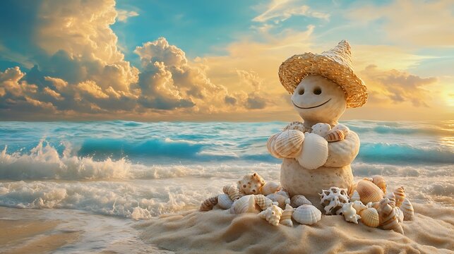 A whimsical sandman adorned with seashells and a straw hat, set against a serene beach landscape with turquoise waves and a golden sunset, evoking a summer holiday theme