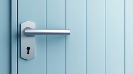Obraz premium Modern Silver Door Handle on Light Blue Wooden Panel Background