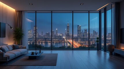Fototapeta premium Modern empty room with night city view