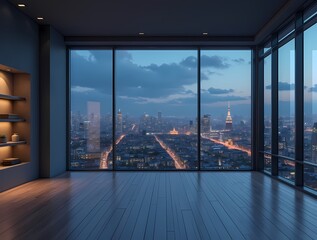 Fototapeta premium Modern empty room with night city view