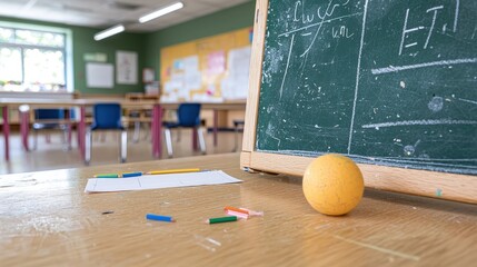 Empty Classroom Desk  Chalkboard  Crayons  Ball  Education