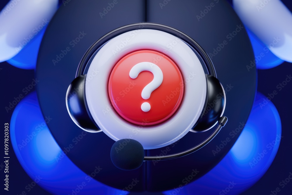 Poster A 3D rendering of a headset with a question mark button  symbolizing customer support or FAQ