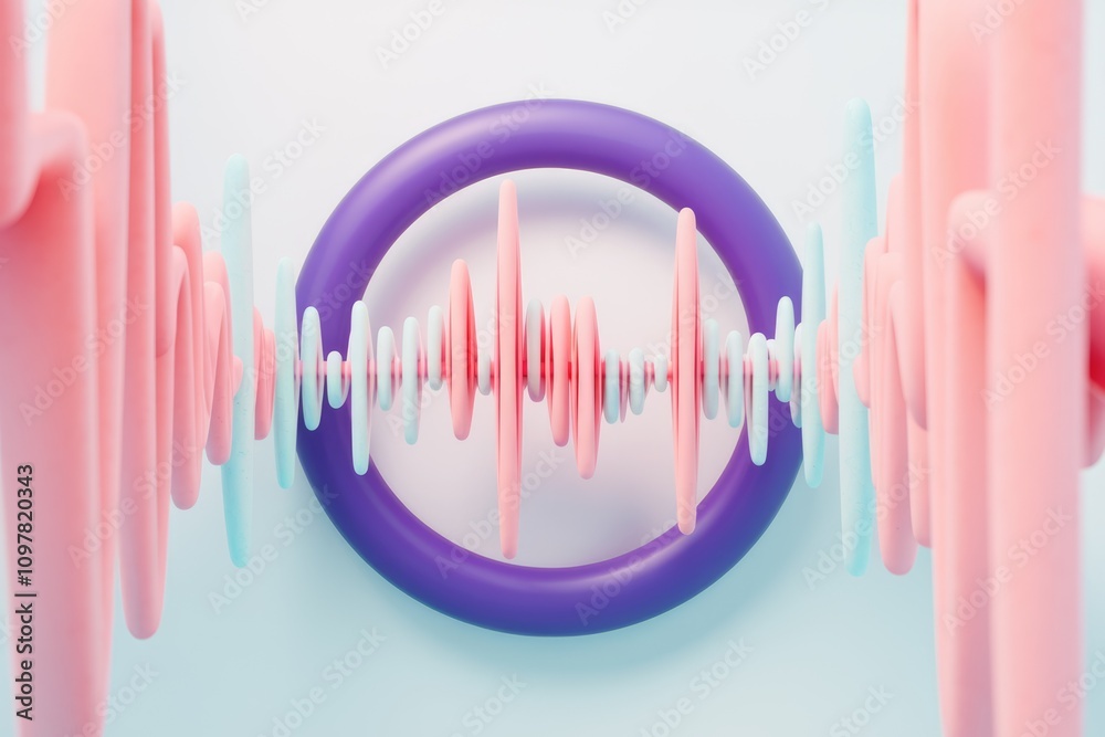 Poster abstract 3d rendering of pastel pink and blue waves passing through a purple ring