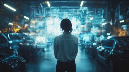 A woman stands in front of a computer screen with a car on it