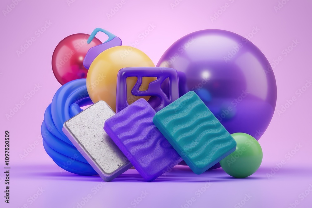 Poster abstract 3d render of colorful glossy shapes and spheres on a purple background