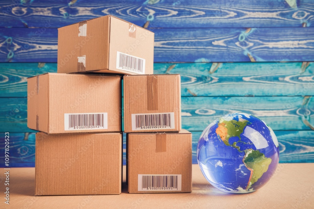 Poster Stack of cardboard boxes with barcodes  next to a globe  symbolizes global shipping and delivery