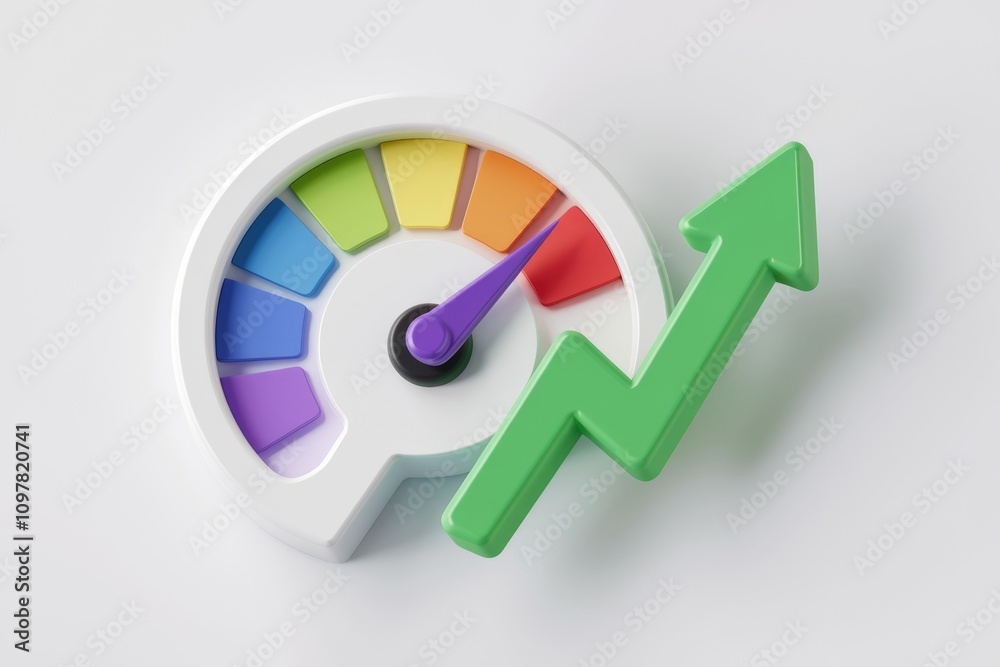 Poster colorful speedometer with an upward green arrow indicating growth and progress