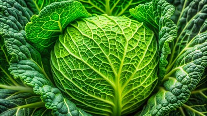 Fototapeta premium Close-Up of Fresh Green Cabbage Leaves with Intricate Textures and Patterns, Perfect for Culinary and Food Backgrounds, Showcasing Nature's Design in Vibrant Detail