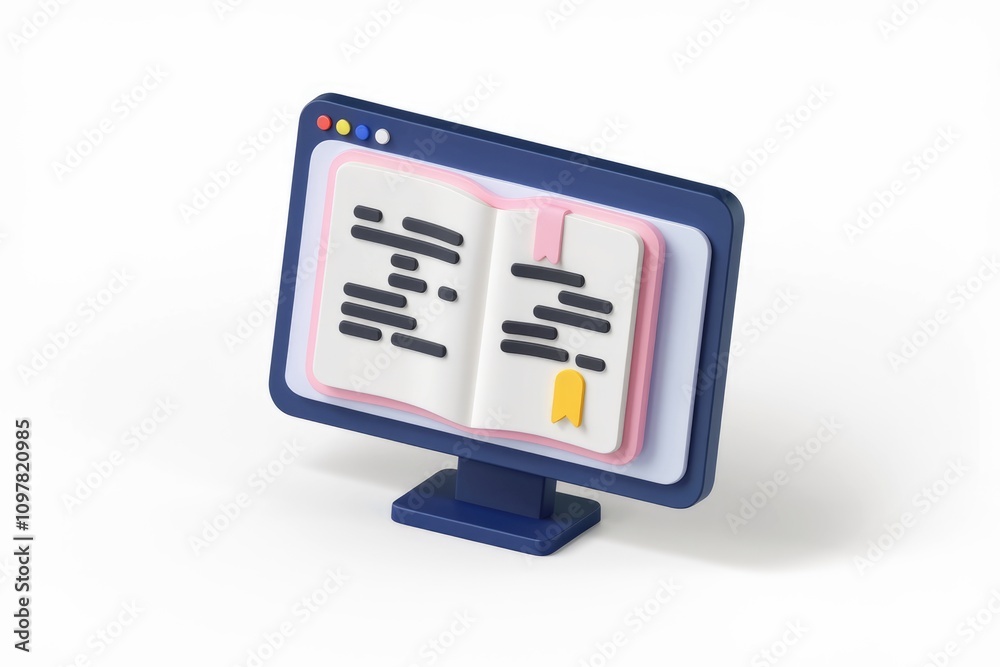 Aufkleber Online learning symbolized by 3D open book on screen.