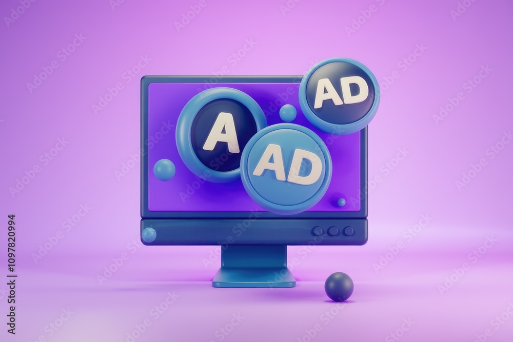 Poster 3D render of a computer screen with AD icons  representing online advertising