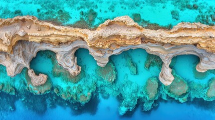 Naklejka premium Aerial View Turquoise Ocean Coastal Cliffs Rock Formations Seascape