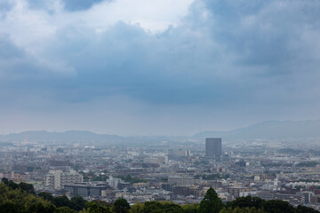 Fototapeta premium A hazy urban landscape extends under a moody, overcast sky. The city’s skyline is partially obscured by a soft mist, giving the scene an ethereal quality.