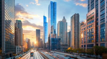 Fototapeta premium City road with skyscrapers, capturing the vibrant energy of an urban setting
