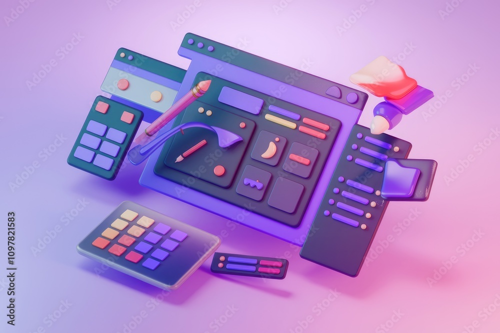 Poster colorful 3d digital design tools interface elements pencils paint palette.