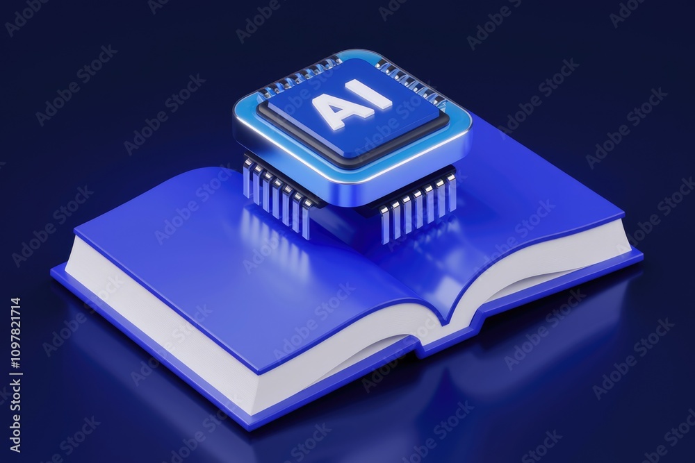 Aufkleber AI microchip on a blue book; symbolizes AI learning and knowledge