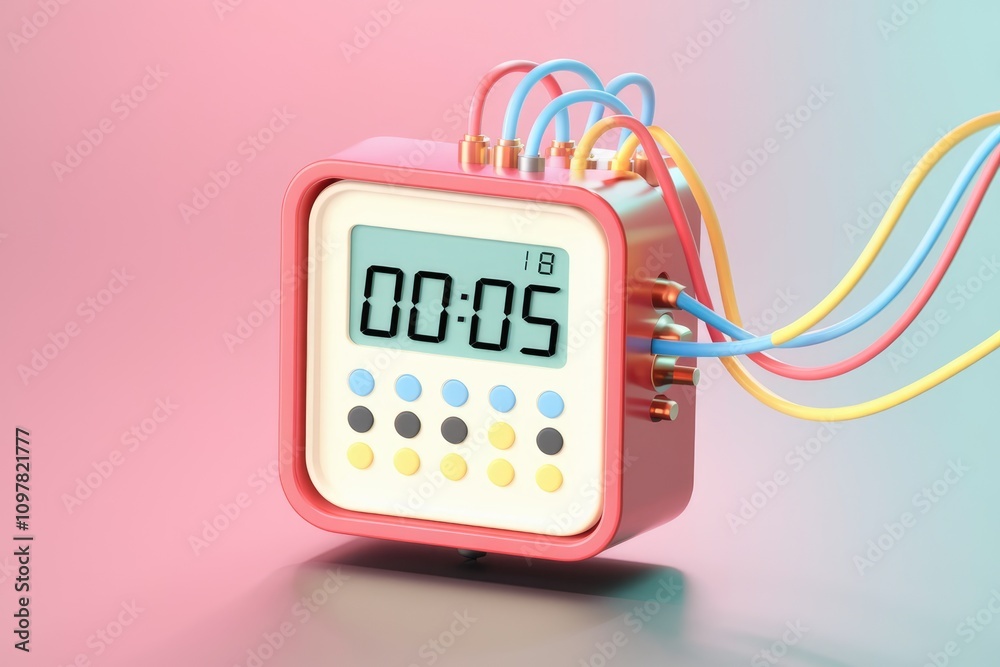 Aufkleber a cute cartoonish digital timer with colorful wires displays 00 05 suggesting a playful countdown
