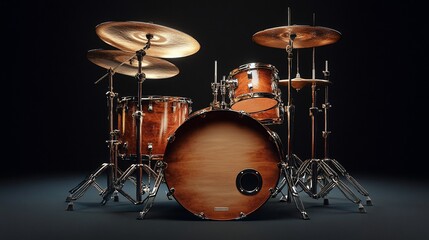 Polished wooden drum kit on dark background.