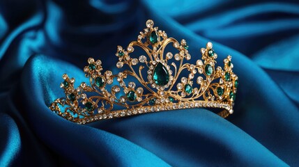 Elegant Gold Crown with Green Gems on Satin Blue Fabric Background