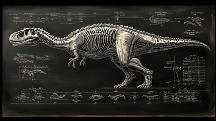 Detailed Dinosaur Skeleton Anatomy Blackboard Drawing Showcasing Paleontology Lesson in Minimalist...