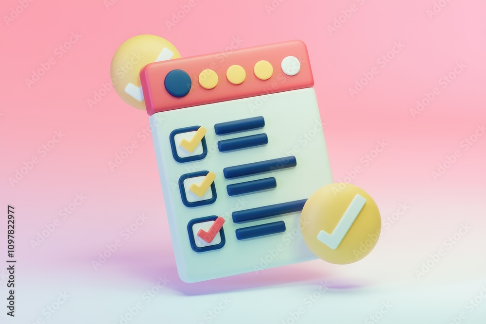 Poster 3D render of a checklist app interface with checkmarks  signifying task completion