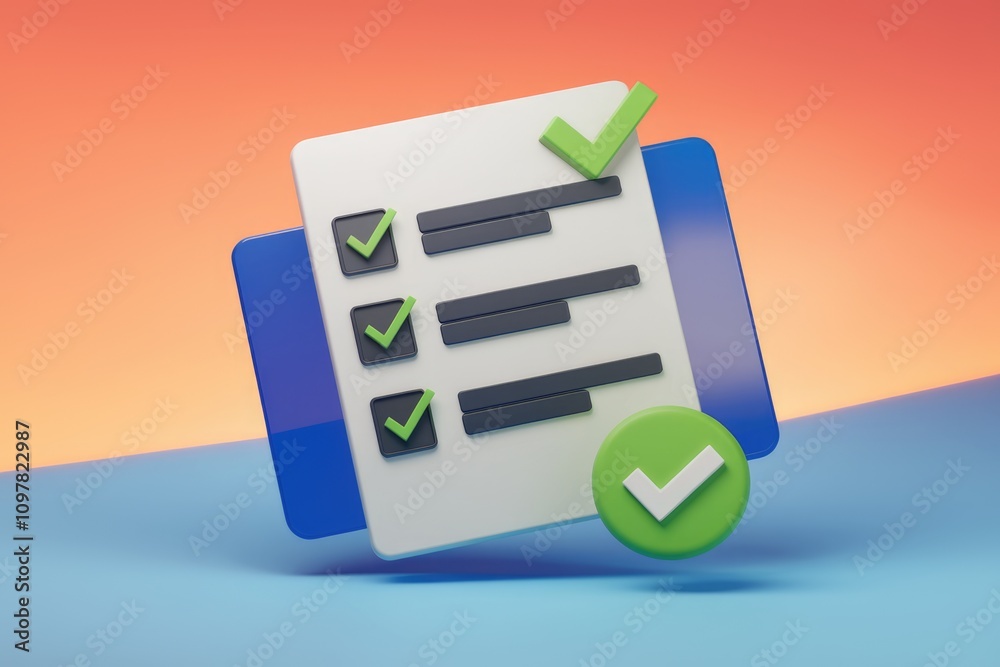 Poster 3D rendering of a checklist with checkmarks  indicating task completion