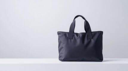 A sleek, dark tote bag rests on a clean surface, showcasing a minimalist design perfect for everyday use.